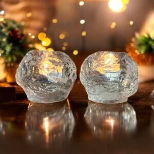 2 Vintage Kosta Boda Scandanavian Clear Crystal Snow Ball Votives Large-etched